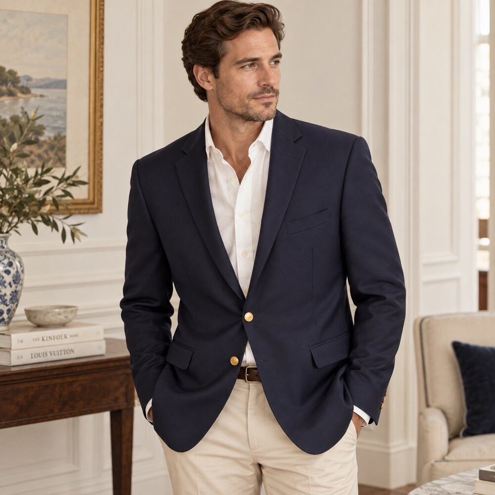 Lauren Ralph Lauren Gold Button Navy Blazer Mens 48L Jacket Preppy Old Money